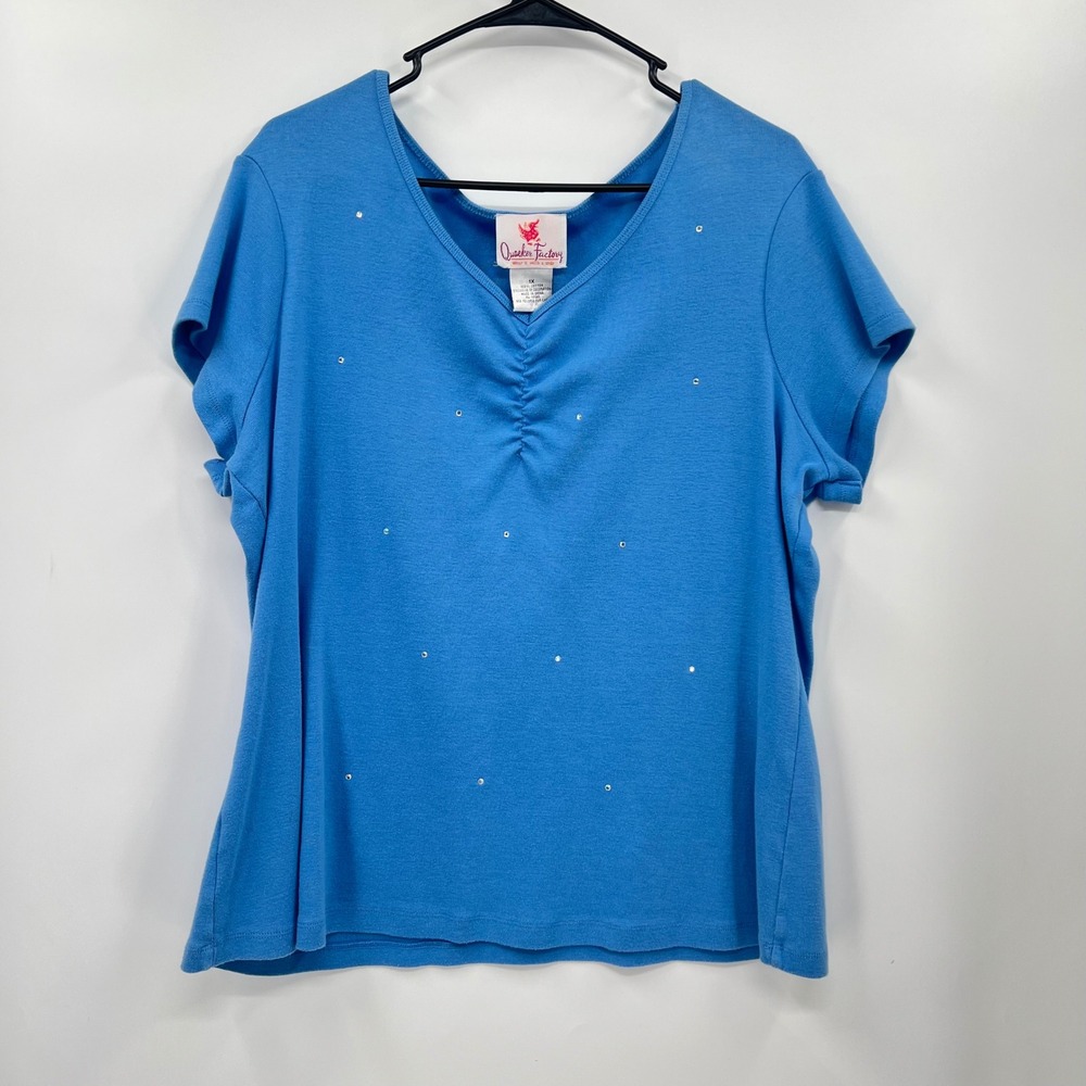Quacker Factory 1X Top Womens‎ Blue Rhinestone Ruched V-Neck Short Sleeve Cotton
